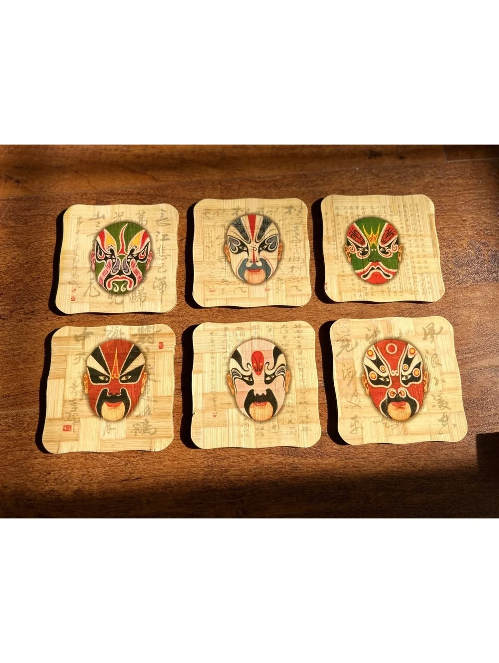 Natural Bamboo Coaster Set with Traditional Mask Design - 6 Pieces
